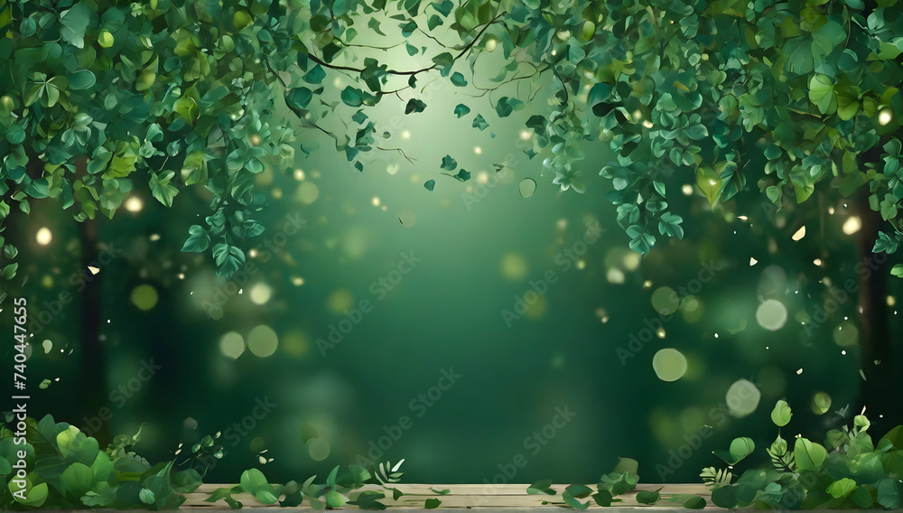 Emerald greenery forest foliage background. Green garden trees wedding invitation. Summer leaves card texture. Bokeh lights art. Elegant outdoor party template garland