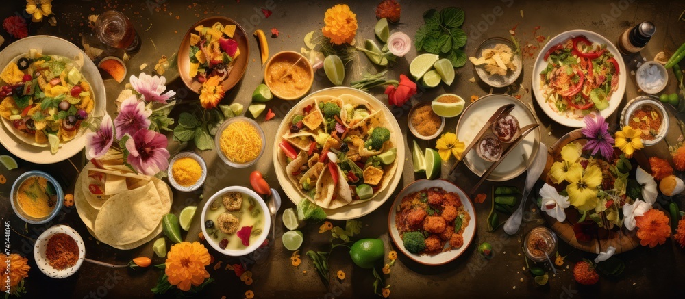 The food on the large table with various dishes looks messy