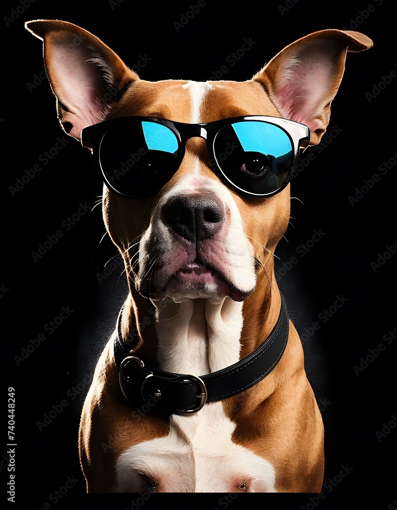 A brown and white dog with sunglasses, a carnivore animal with good vision care, wearing a collar on a black background