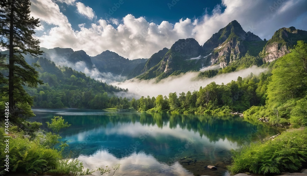 Majestic mountain peaks rise above a misty, turquoise lake surrounded by verdant forests. Generative AI.
