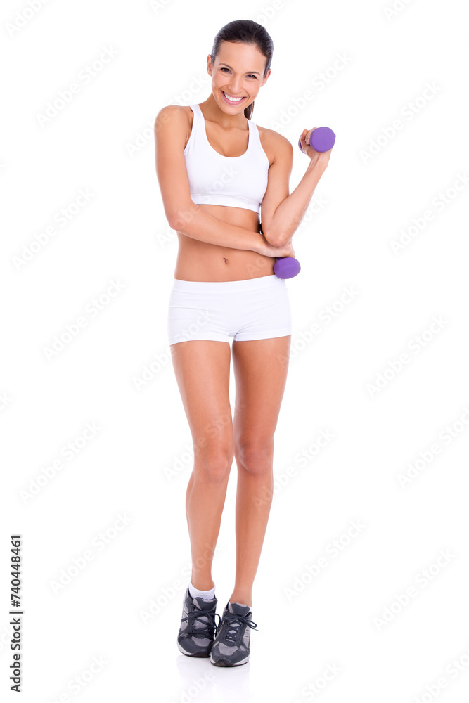 Portrait, happy woman and dumbbells for workout, fitness or training in studio isolated on a white background mockup. Exercise, strong and person weight lifting for muscle, wellness or body health Portrait, happy woman and dumbbells for workout, fitness or training in studio isolated on a white background mockup. Exercise, strong and person weight lifting for muscle, wellness or body health