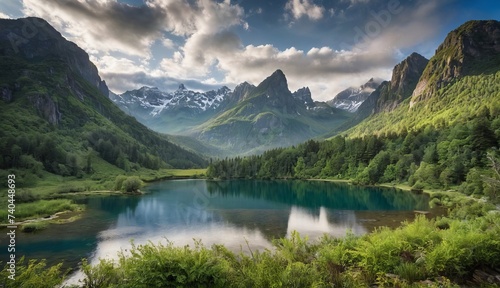 Majestic mountain peaks rise above a misty  turquoise lake surrounded by verdant forests. Generative AI.