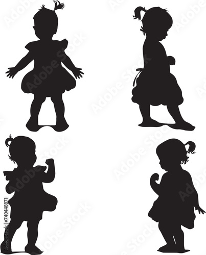 Black silhouette of little girl dresses on white background