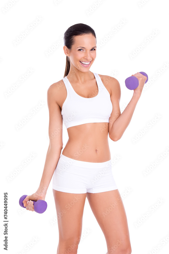 Portrait, happy woman and dumbbells for workout, exercise or training in studio isolated on a white background. Fitness, smile and strong person weight lifting for muscle, wellness and body health Portrait, happy woman and dumbbells for workout, exercise or training in studio isolated on a white background. Fitness, smile and strong person weight lifting for muscle, wellness and body health