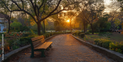 Sunset in the park with a bench and trees. Beautiful autumn landscape.Sunset in the city park with blooming flowers and paver walkway,Sunset in the park with orange flowers - 3d rendering.