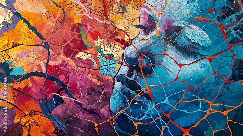 An abstract representation of thoughts and emotions depicted as vibrant, interconnected threads weaving through a cracked, mosaic-like mind.