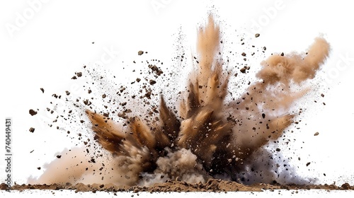 Dirt explosion with debris flying on white backdrop with a big empty space for text or product, Generative AI. photo