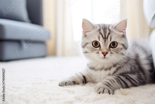 A cute cat rests on a white carpet, bringing a touch of feline charm to the living room, Ai Generated.