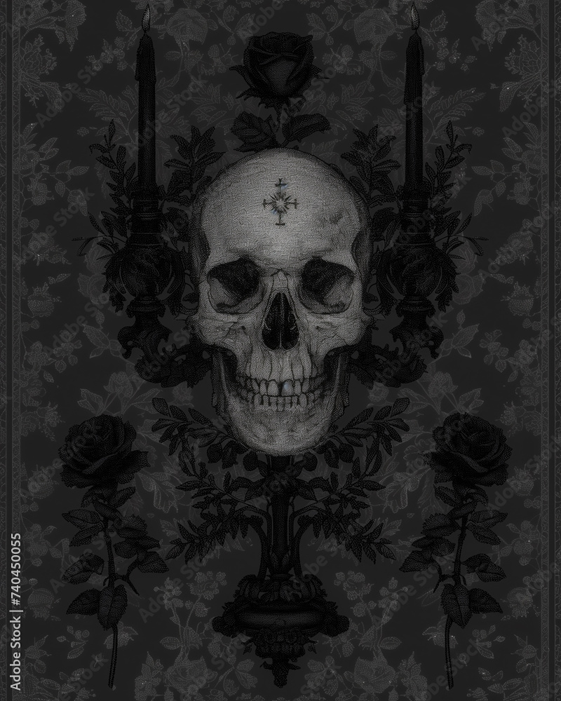 Skull, candlesticks with candles, roses - all on a black background. banner with skull created for card, poster, website, greeting invitation Skull, candlesticks with candles, roses - all on a black background. banner with skull created for card, poster, website, greeting invitation