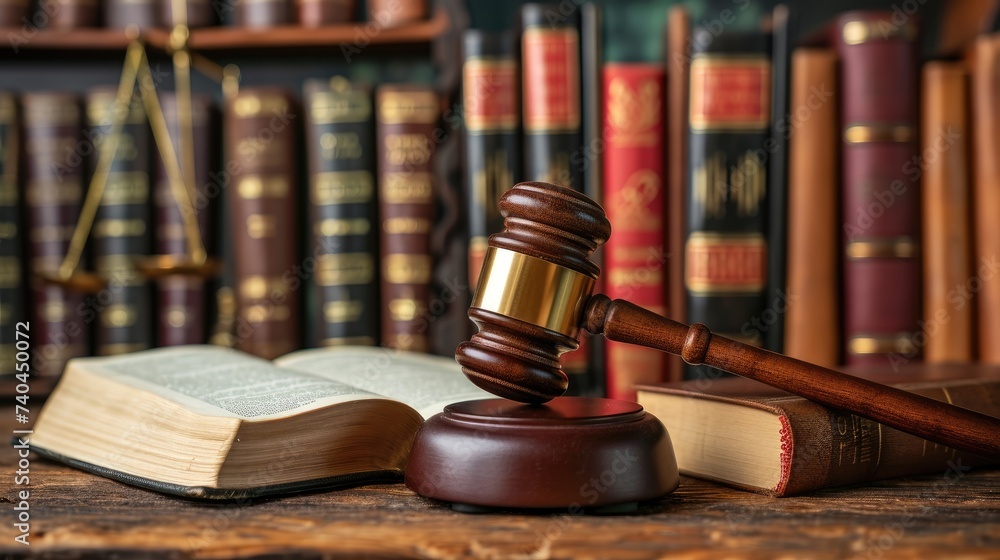 Law firm courtroom adorned with judge's gavel and books, epitomizing legal expertise. Ai Generated. Law firm courtroom adorned with judge's gavel and books, epitomizing legal expertise. Ai Generated.