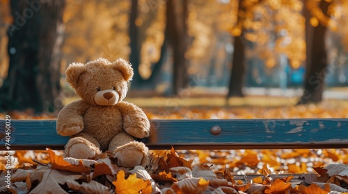 front view of a teddy bear resting on a bench in the park, radiating warmth. Ai Generated.