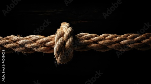 Tense moment captured: frayed rope teeters on the edge of breaking, epitomizing vulnerability. Ai Generated.