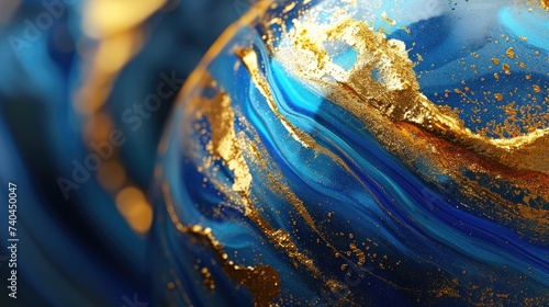 Elegant gold and blue glass globe marble showcases a shiny, flowing stone design, radiating sophistication. Ai Generated. © Crazy Juke