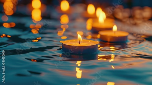 Group of lit candles gently floating in water, creating a peaceful ambiance. Ai Generated.