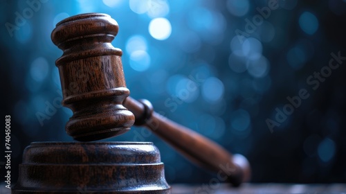 Gavel in bokeh background symbolizes authority in lawyer's realm. Ai Generated.