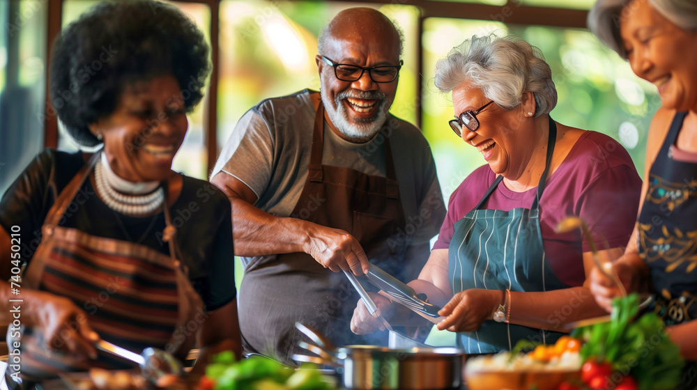 Group of joyful seniors enjoying a cooking class together, sharing laughter and culinary skills in a bright kitchen setting. Group of joyful seniors enjoying a cooking class together, sharing laughter and culinary skills in a bright kitchen setting.
