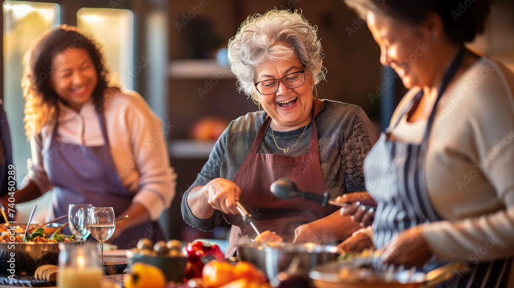 Senior friends laugh joyfully while cooking in a bright kitchen. - obrazy, fototapety, plakaty 