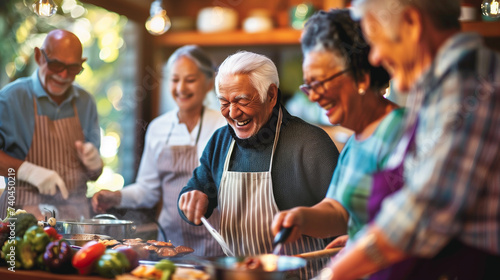 A group of joyful seniors cooking together, laughing, and sharing a convivial moment in a warm, well-lit kitchen.