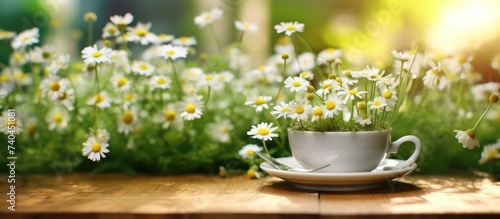 Daisies in cups in front of the terrace