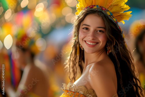 Young beautiful woman portrait in costume at street Carnival. Brazilian culture