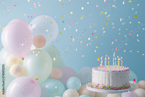 birthday party balloons  colourful balloons background and birthday cake with candles 