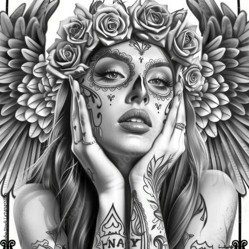 Template of design art for t-shirt. beautiful woman in chicano style. photo
