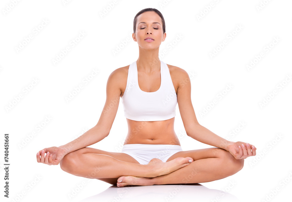 Body, meditation and woman in underwear for fitness, spiritual health and wellness with zen in studio. Lotus, pose and girl in sportswear for self care, relax and mindfulness on white background. Body, meditation and woman in underwear for fitness, spiritual health and wellness with zen in studio. Lotus, pose and girl in sportswear for self care, relax and mindfulness on white background.