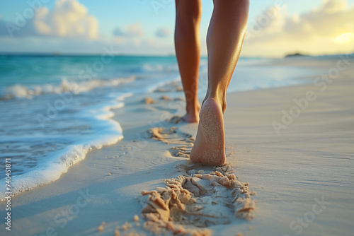 Woman s feet walking on soft white sand in the evening.