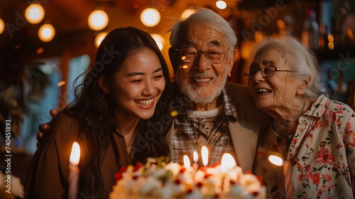 A heartwarming celebration with grandparents and their granddaughter smiling together over a birthday cake with candles. Joyful birthday celebration with multi-generational family, AI