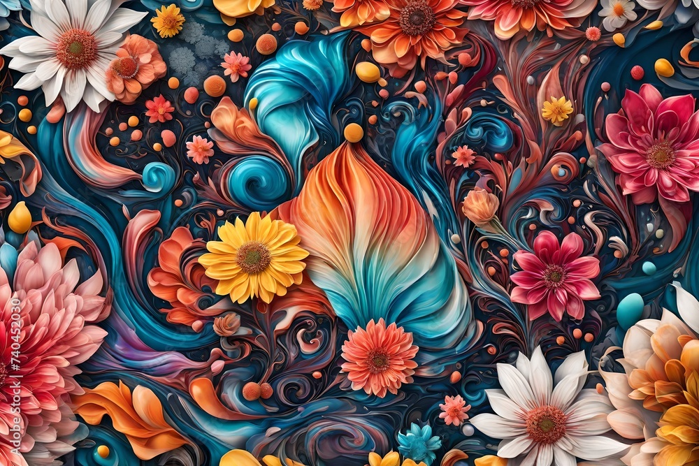 A breathtaking high-resolution image showcasing the dynamic fusion of colorful liquids on a clean background, adorned with tasteful flower patterns, creating a visually appealing and modern