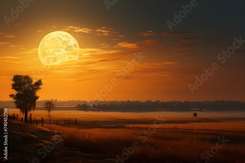 Harvest moon rising above the horizon  casting a golden glow over the landscape. 