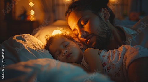 A heartwarming scene of a father and his young child cuddling and napping together, showing a strong bond. Quiet bedtime routine with parents tucking children in. ai