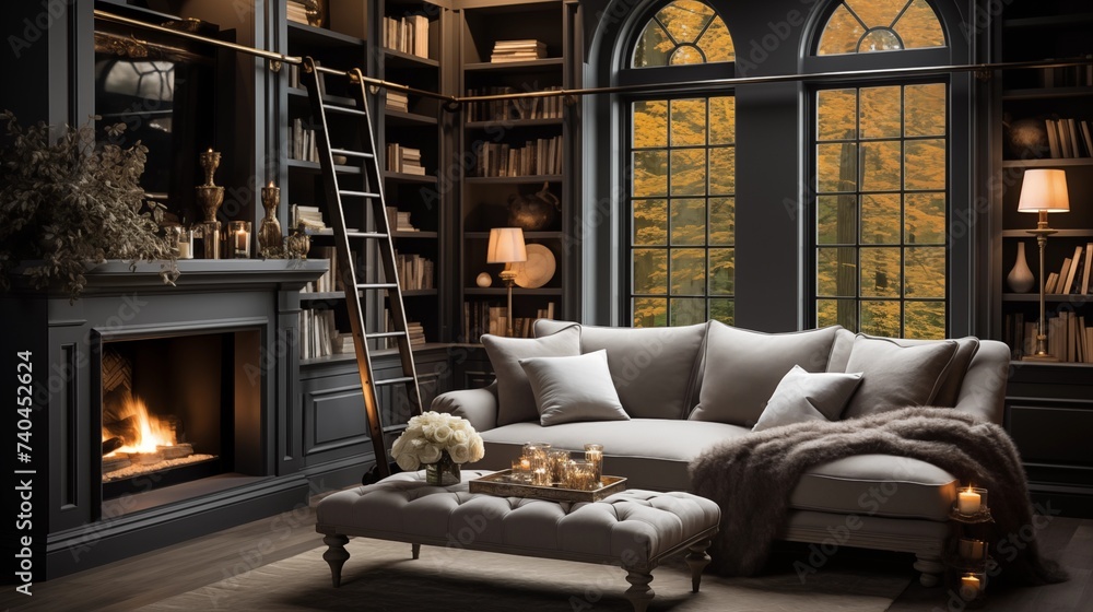 A cozy reading nook with pale ivory built-in bookshelves and a deep slate gray reading chair