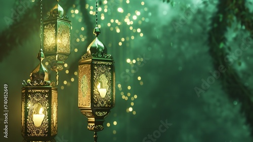 Holy Month of Ramadan Copy Space Banner with Glowing Mosque