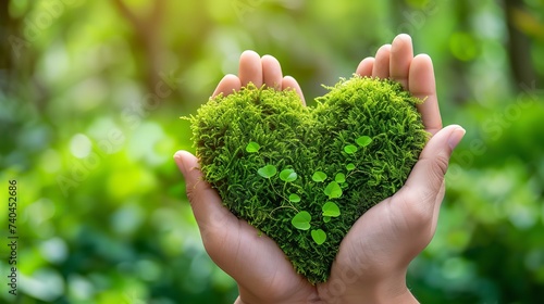 In an ecosystem setting, human hands are holding heart-shaped close of moss and space, Generative AI.