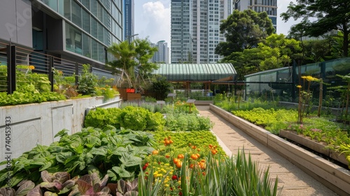 A thriving urban community garden full of vegetables and greenery, nestled among high-rise buildings, showcasing the blend of nature and city life.