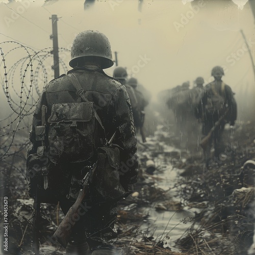 Illustration Portrays a Somber Haunting World War Battlefield Scene rendered in Monochromatic Sepia Toned Filter that gives it a Historical Aged Appearance created with Generative AI Technology