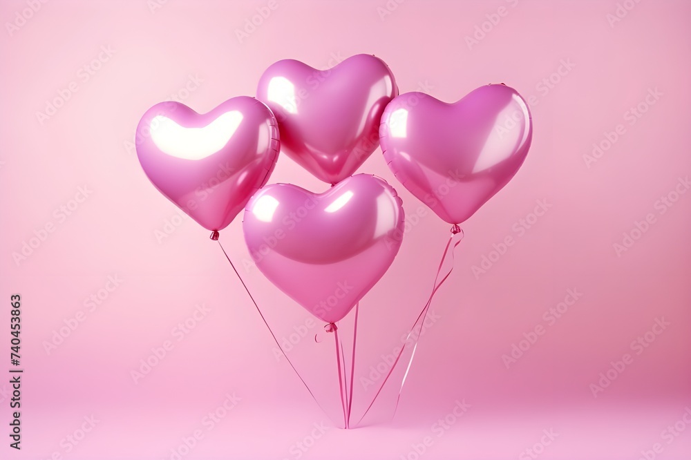 Metallic heart shaped foil balloons on a pastel pink background Love themed celebration decor
