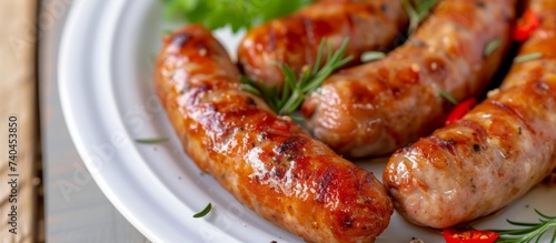 A detailed view of a plate of sausages, made with a mix of pork and chicken meat. This fried food dish features chorizo as a key ingredient in this cuisine recipe