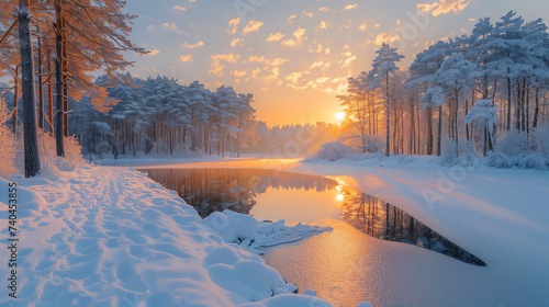 Winter snow field with pine trees and a lake.