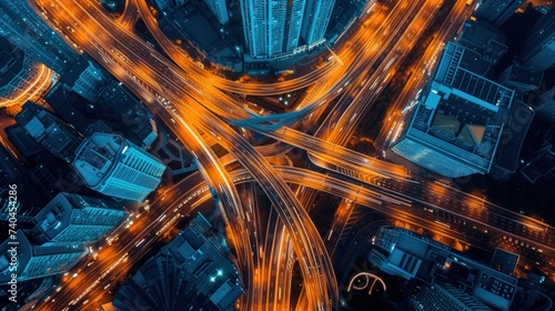 Aerial top view of a illuminated multilevel junction ring road motorway interchange with car traffic during night time photo