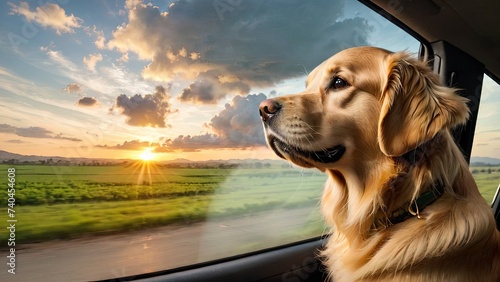 Golden Retriever Enjoying a Car Ride at Sunset