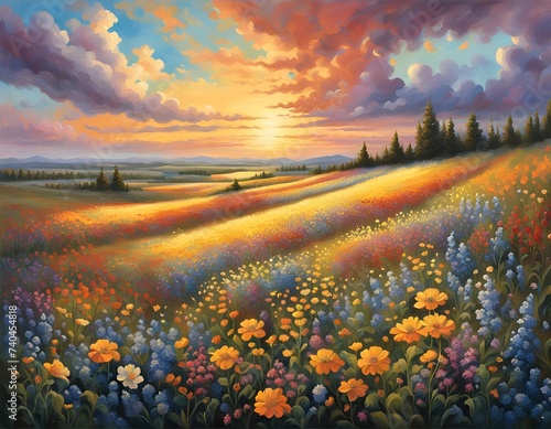sunset over a field of wildflowers