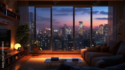 Fototapeta Naklejka Na Ścianę i Meble -  Loft contemporary interior apartments with city skyline and buildings city from glass window