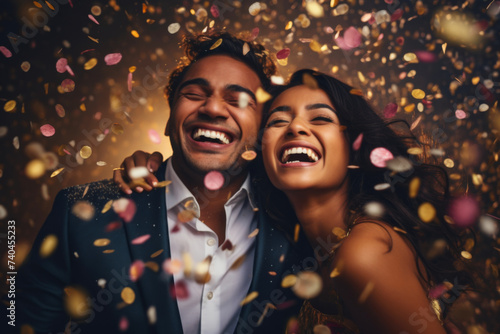 Happy excited Indian ethnic young couple celebrating success