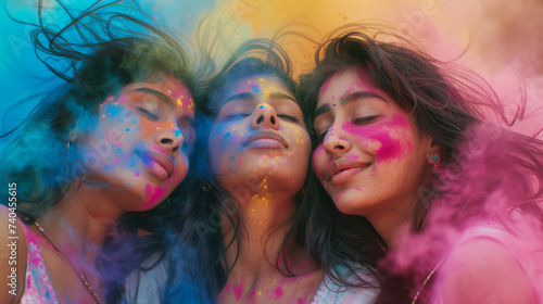 Young women enjoying the moment of bliss in the festival of colours Holi.