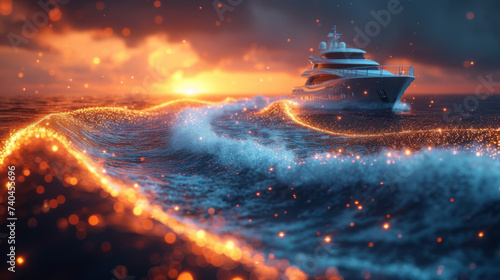 Navigating the Future A futuristic representation of investment portfolio diversification with a futuristic ship navigating through a vast sea of investments each wave representing photo