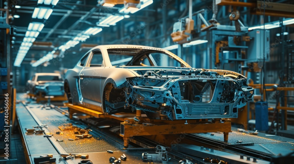 Movement of vehicles along the production line at the plant. Car Assembly shop. Car Assembly by parts