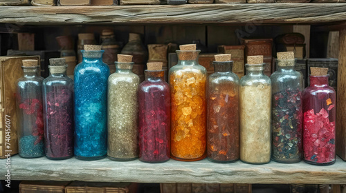 Colorful magic potion in bottles on a shelf in a wooden box