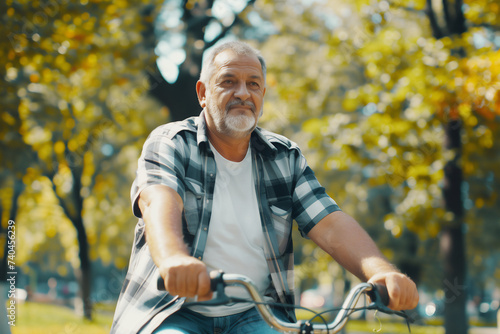 Portrait of a middle-aged man riding a bicycle in the park. © Bluesky60